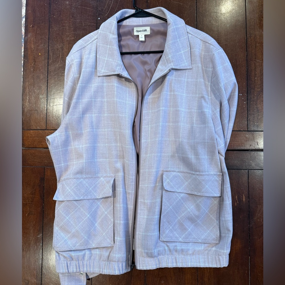 Open Edit Men’s Plaid Zip-Front Jacket – Light Lavender / Grey – Size L
